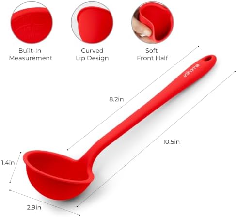 Elihome Classic 10.5 inch Silicone Soup Ladle Cooking Spoon: 600ºF Heat Resistant 2 oz Non-stick Seamless Rubber Kitchen Deep Serving Spoon with Non Slip Long Handle for Cooking Sauce Stews Gravy Red