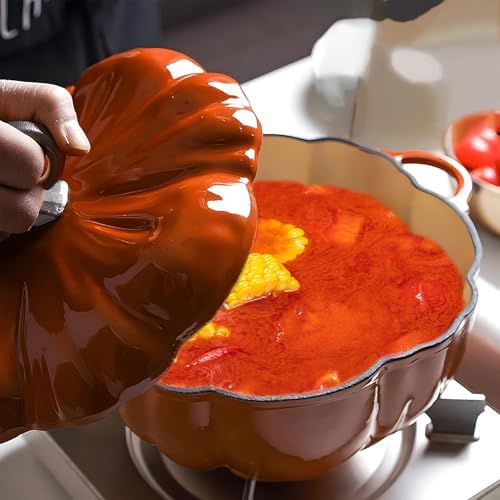 4-Quart Cast Iron Pumpkin Dutch Oven with Lid, Dual Handle, Stew Pot, Serves 3-5, Great for Stews, Casseroles, Halloween Thanksgiving Decorative Gift,Orange