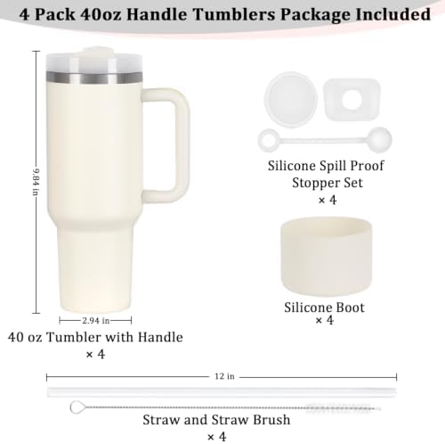 4 Pack 40 Oz Tumbler with Handle Bulk, Double Wall Vacuum Insulated Stainless Steel Tumbler with Lid and Straw, 40 oz cup with Silicone Spill Proof Stopper Set (Cream)