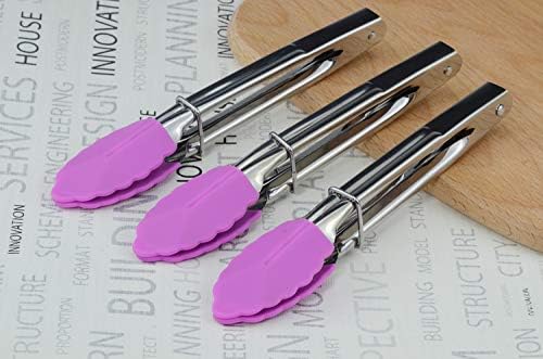 HINMAY 7-Inch Stainless Steel Tongs with Silicone Tips, Set of 3 (Purple)