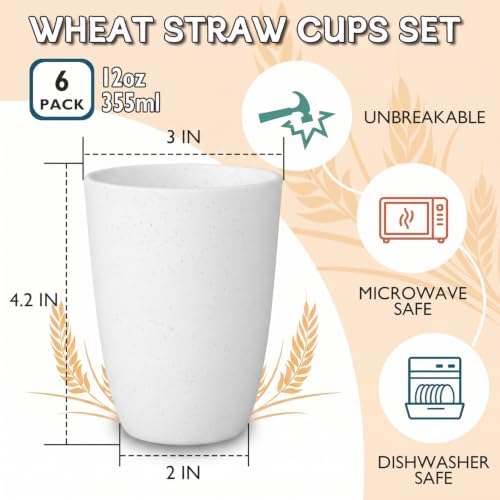 Wrova Wheat Straw Cups Set of 6 Good Alternative to Plastic Cups Reusable 12 oz Unbreakable Drinking Cup Reusable Dishwasher Safe Water Plastic Kitchen Glasses - White
