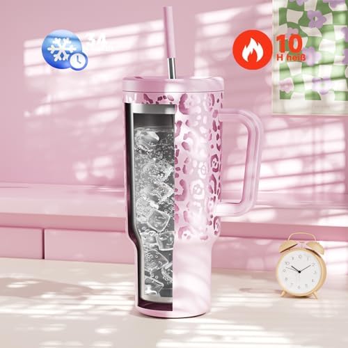 Meoky 40 oz Tumbler with Handle and Straw, Tumbler with Lid and Straw, Insulated Stainless Steel Travel Mug, 100% Leak-proof, Keeps Cold for 34 Hours or Hot for 10 Hours (Pink Leopard)