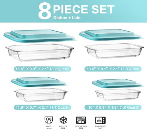 M MCIRCO 8 Piece Deep Glass Baking Dish with Lids, BPA free, Green