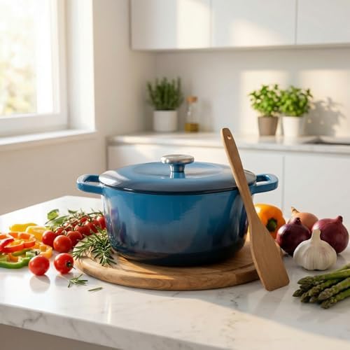 5QT Enameled Cast Iron Dutch Oven,Concave Self-Basting Lid,Blue