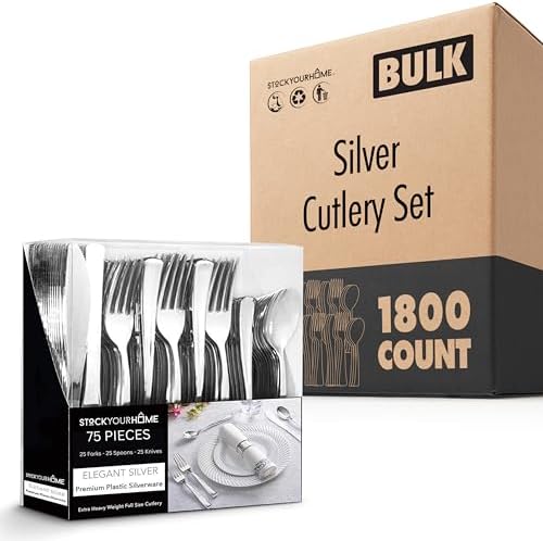1800 Count Heavy Duty Silver Plastic Cutlery Set – 600 Forks, 600 Spoons, 600 Knives – Disposable Flatware for Parties, Weddings, Catering – Stock Your Home