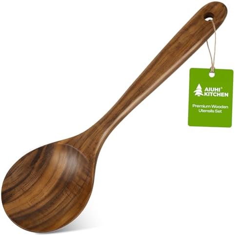 AIUHI Teak Wood Mixing Spoon, 12.6" Long Wooden Spoon for Cooking, Non-Stick Safe Wooden Mixing Spoon with Hanging Hole, Ideal for Stirring Sauces & Mixing Batters