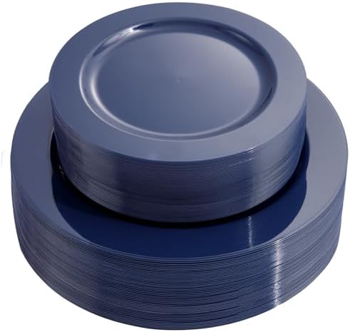FLOWERCAT 100PCS Blue Plastic Plates - Heavy Duty Blue Disposable Plates for Memorial/Birthday Party/Graducation - Include 50PCS 10.25inch Dinner and 50PCS 7.5inch Dessert/Salad Plates for 50 Guests