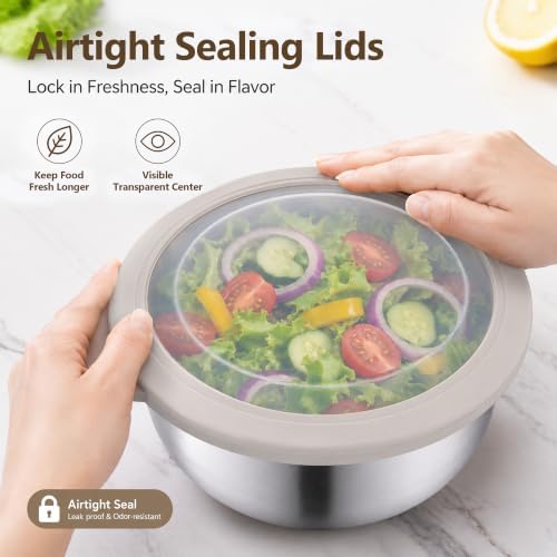 E-far Mixing Bowls with Lids Set of 5, Stainless Steel Nesting Salad Bowls