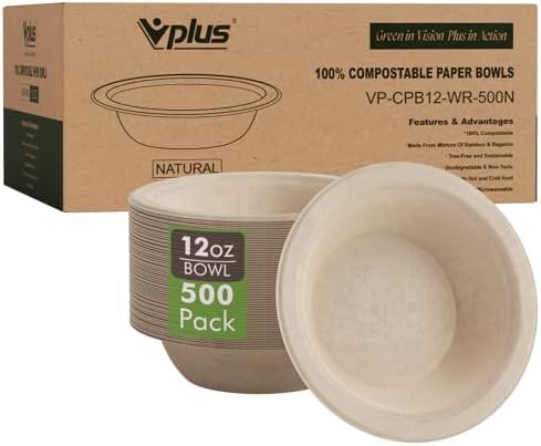 Vplus 500 Pack 12 OZ Compostable Paper Bowls, Bagasse Bowls Bulk，Nature