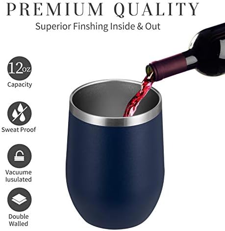 MEWAY 12oz/8 Pack Wine Tumbler Glasses with Lid - Stemless Double Wall Vacuum Stainless Steel Travel Tumbler - Keeping Cold & Hot for Wine,Coffee,Cocktails,Drinks-Family and Gifts (Navy,Set of 8)