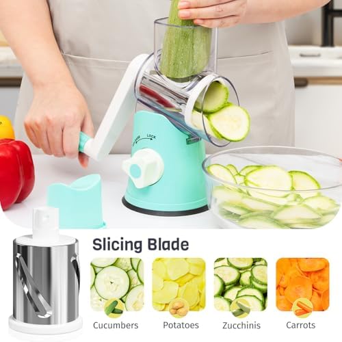 Cheese Grater Hand Crank, Rotary Cheese Shredder with 3 Interchangeable Blades for Coarse, Fine Shredding and Slicing, Strong Suction Base for Pizza, Pasta, Salad, Vegetables, Nuts, Chocolate