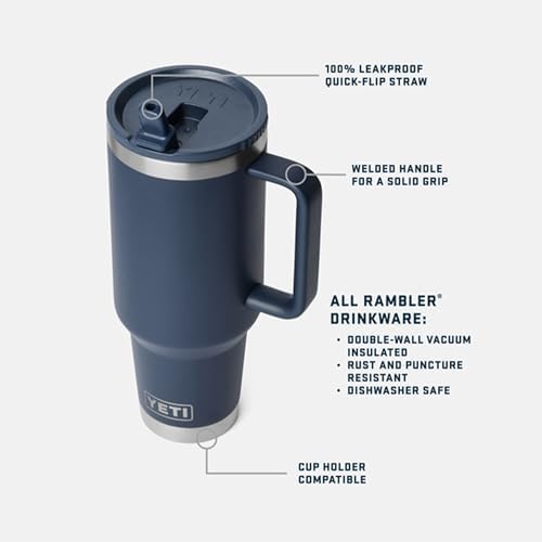 YETI Rambler 40 oz Travel Mug with Flip Straw Lid – Stainless Steel, Vacuum Insulated, Leakproof, Cup Holder Friendly, Sea Stone