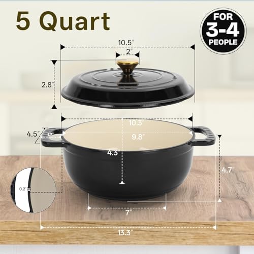 Bonnlo Round Dutch Oven, Enameled Cast Iron Dutch Oven Pot with Lid & Dual Handles, Oven Safe Up to 500° F, for Sourdough, Bread Baking, Stews and Roasting (Black, 5 Quart)