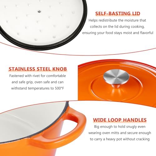 E-far 3 Qt Enameled Cast Iron Dutch Oven with Lid, Small Round Nonstick Dutch Oven Pot for Bread Baking Braising Stews Roasting Cooking, Heavy Duty, Induction & Oven Safe - Orange