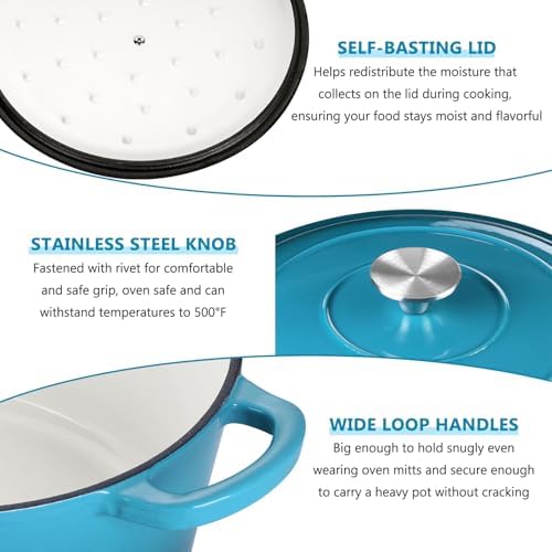 E-far 3 Qt Enameled Cast Iron Dutch Oven with Lid, Small Round Nonstick Dutch Oven Pot for Bread Baking Braising Stews Roasting Cooking, Heavy Duty, Induction & Oven Safe - Teal Mist