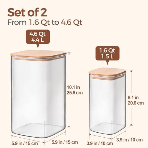 ComSaf Glass Storage Containers with Bamboo Lids 1.6/4.6 Qt 2 Pack