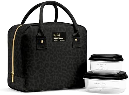Fit & Fresh Bloomington Lunch Bag for Women - Insulated Large Lunch Box for Work with Containers, Leak-Resistant, Stain-Resistant, Zipper Closure, Black Feline Fine