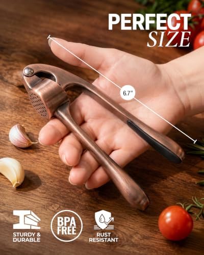 Zulay Kitchen Premium Garlic Press Set - Rust Proof Professional Garlic Mincer Tool - Easy-Squeeze, Easy-Clean with Soft, Ergonomic Handle - Silicone Garlic Peeler & Brush (Copper)