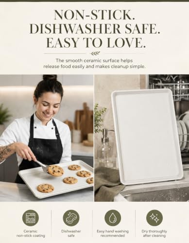 Boxiki Kitchen Ceramic Baking Sheet Half Size 17"x11" - Heavy Duty 0.6mm Aluminized Steel Pan, KFCC Ceramic Nonstick Cookie Sheet, Oven Safe to 550°F, Rustproof & Warp Resistant Baking Tray (2PCS)