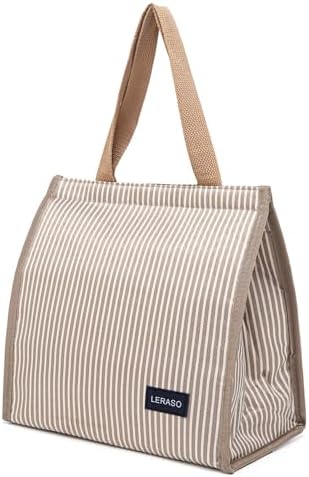 Insulated Lunch Bag for Work, 10.2"x5.9"x10.2" Oxford Waterproof Lunch Tote, Thermal Lunch Box for Office, Picnic & Outdoor, Gold and White Striped Canvas Tote Bag