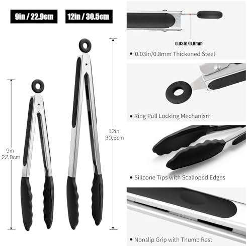Doosu Kitchen Tongs with Silicone Tips for Cooking Serving (9+12in, Black)