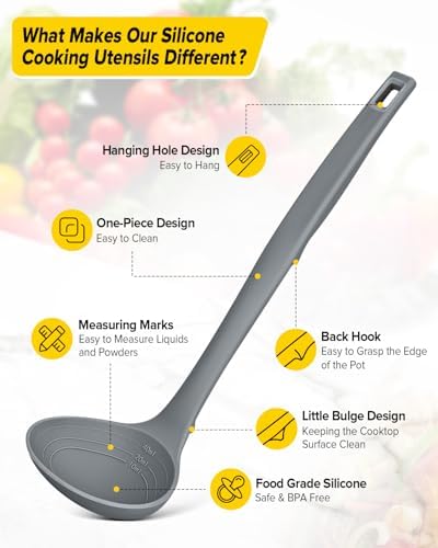 BUNDLEPRO Silicone Soup Ladle and Pasta Spoon Set, One-Piece, 2 Pack, Gray
