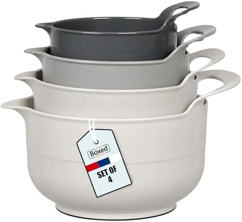 BoxedHome 4 Pack Nesting Mixing Bowl with Pour Spout and Handle, BPA free Microwave & Dishwasher Safe(Grey, 4 Pack with Handle)