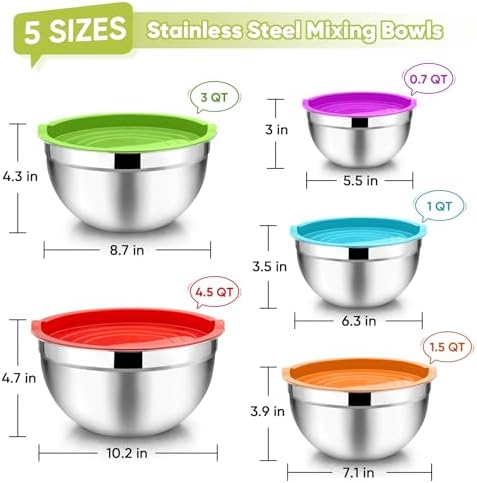 TeamFar Mixing Bowls Set of 5, Stainless Steel Metal Salad Bowls with Lids