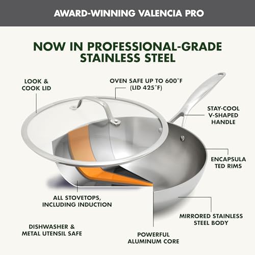 GreenPan Valencia Pro Tri-Ply Stainless Steel 12" Wok Pan with Lid, Induction Ready Cookware, All Cooktops, Sauce Pot, Mirror Finish, Dishwasher & Oven/Broiler Safe to 600F