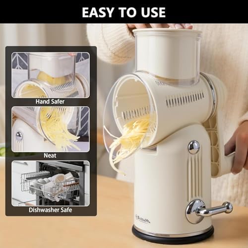 Rotary Cheese Grater with Handle, 5-Blade Cheese Shredder, BPA-Free (White)