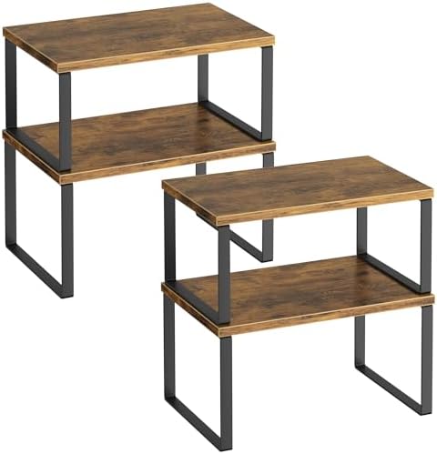 Kitchen Cabinet Organizer Shelf Set of 4, Sturdy Kitchen Counter Shelves with Metal Legs, Stackable Expandable Wood Spice Rack Pantry Cupboard Dish Mug Cup Storage Organizer Shelf, Rustic Brown
