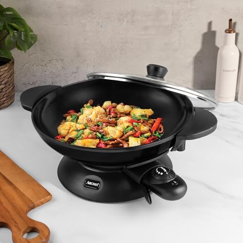 Aroma Housewares AEW-306 Electric Wok with Tempered Glass Lid Easy Clean Nonstick, Cooking Chopsticks, Tempura and Steaming Racks, Professional Model, Black
