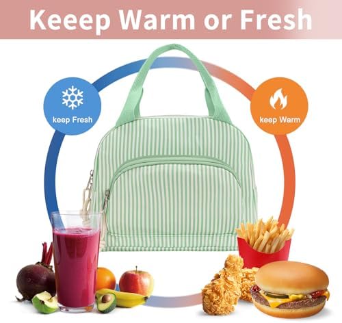 Lunch Bag Women Lunch Box for Women Adult Cute Insulated Lunch Bag Small Cooler Lunch Tote Bags for Work Picnic Travel (Green Stripes)