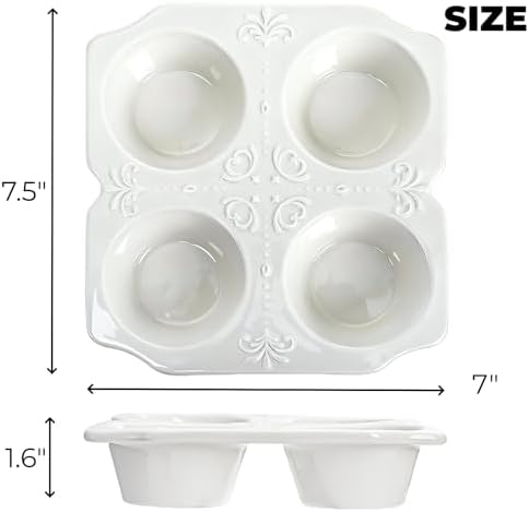 Hiceeden 2 Pack 4-Cup Ceramic Muffin Pan, Nonstick Muffin Tin with Handle, Ceramic Cupcake Baking Pans with Embossed Pattern for Muffin, Cupcake, White, 7.5" x 7" x 1.6"