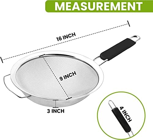 9" Large Extra Fine Mesh Strainer with Thermo Plastic Rubber Handle - Sieve Fine Mesh Stainless Steel - Ideal to Strain Pasta, Quinoa and Rice