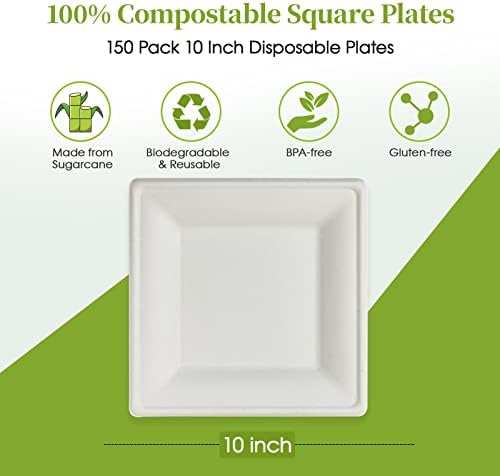 ECOLipak 150 Piecs Compostable Square Paper Plates, 10 inch, White