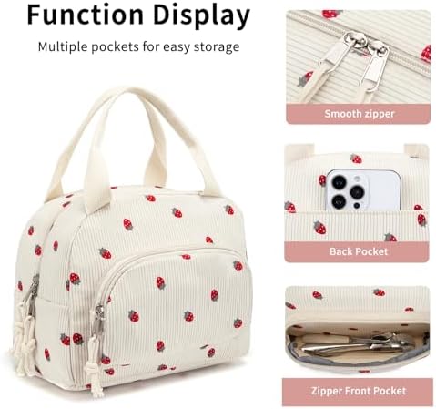 Lunch Bag Women Lunch Box for Women Adult Cute Insulated Lunch Bag Small Cooler Lunch Tote Bags for Work Picnic Travel (Beige-Strawberry)