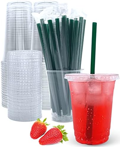 Aatriet 12 oz Clear Plastic Cups with Lids and Straws, Disposable Coffee Cups 25 Sets