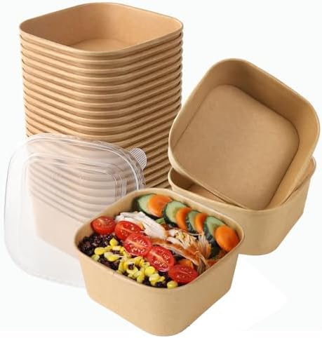 50 Sets 47 oz Disposable Kraft Paper Bowls with Lids - Square