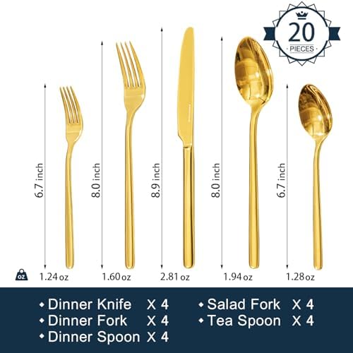 KINGSTONE Gold Silverware Set, 20 Piece Flatware Cutlery Set for 4, 18/10 Stainless Steel Silverware Mirror Polished Dishwasher Safe for Home, Restaurant, Wedding, Party(Gold, 20 pieces for 4)