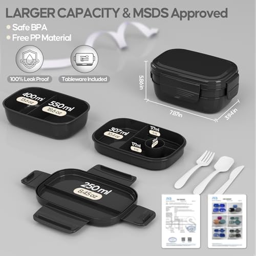 BPA Bento Lunch Box Set with Lunch Bag, 3-Tier Stackable Leak-Proof （Black）