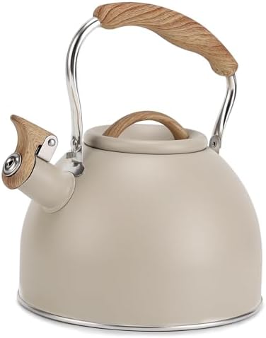 Tea Kettle, Vegoran 100 OZ / 3 Liter Whistling Tea Kettle, Tea Pots for Stove Top Food Grade Stainless Steel with Wood Pattern Folding Handle, Loud Whistle Kettle for Tea, Coffee, Milk (Milk White)