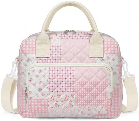 WOBAGMEN Quilted Lunch Box for Women, Insulated Lunch Bag for Adult,Cute Lunch Tote Bags for Work Picnic Travel (Pink Patchwork, M)