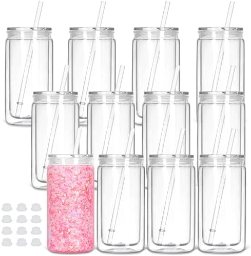 12 Pack Plastic Snow Globe Tumbler with Pre Drilled Hole, 16 Oz Double Wall Plastic Can with Lid and Straw, Mason Jar Mug for Snow Globe Glitter DIY Gift (Clear)