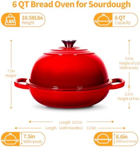 6QT Enameled Cast Red Iron Dutch Oven For Sourdough Bread Baking