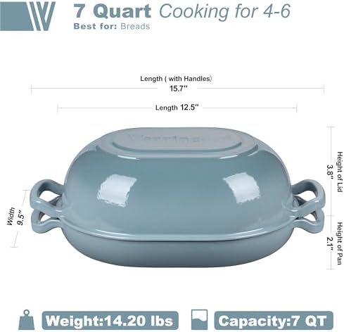 VORRINGARD Enameled Cast Iron Sourdough Bread Oven, Dutch Oven, Loaf Cast Iron Bread Pan for Homemade Bread Baking, Meatloaf Pan with Lid, 7QT, Sea Salt
