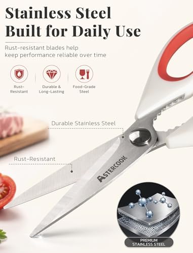 Astercook Kitchen Scissors, 3-Pack Heavy Duty Kitchen Shears with Stainless Steel Blades for Meat, Poultry, Herbs, Vegetables and Packaging, Dishwasher Safe