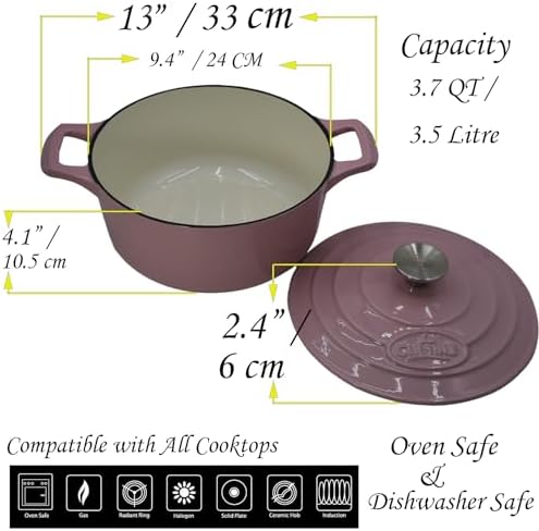 La Cuisine Enameled Cast Iron Dutch Oven Casserole Pot with Lid Internal Glossy Cream White Enamel Coating 3.75 QT 9.5" /24cm Ø. For GlassTop Stove, Oven-Safe, PFOA Free, Pink