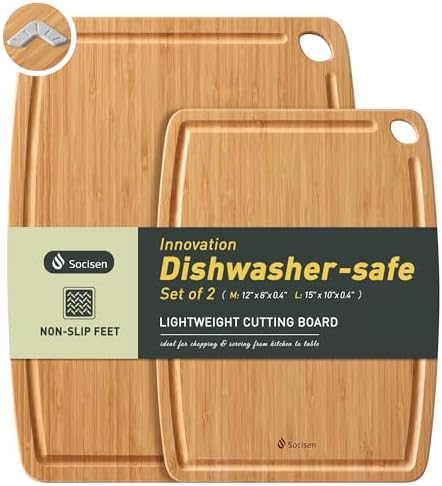 Lightweight Durable Bamboo Cutting Board Set with Non-Slip Feet, Wooden Cutting Boards for Busy Kitchen, Easy Storage & Clean Wooden Chopping Boards with Juice Groove Set of 2 (M+L)