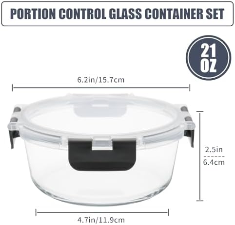 6 Pack, 21oz Round Glass Food Storage Containers with Airtight Lids, Grey